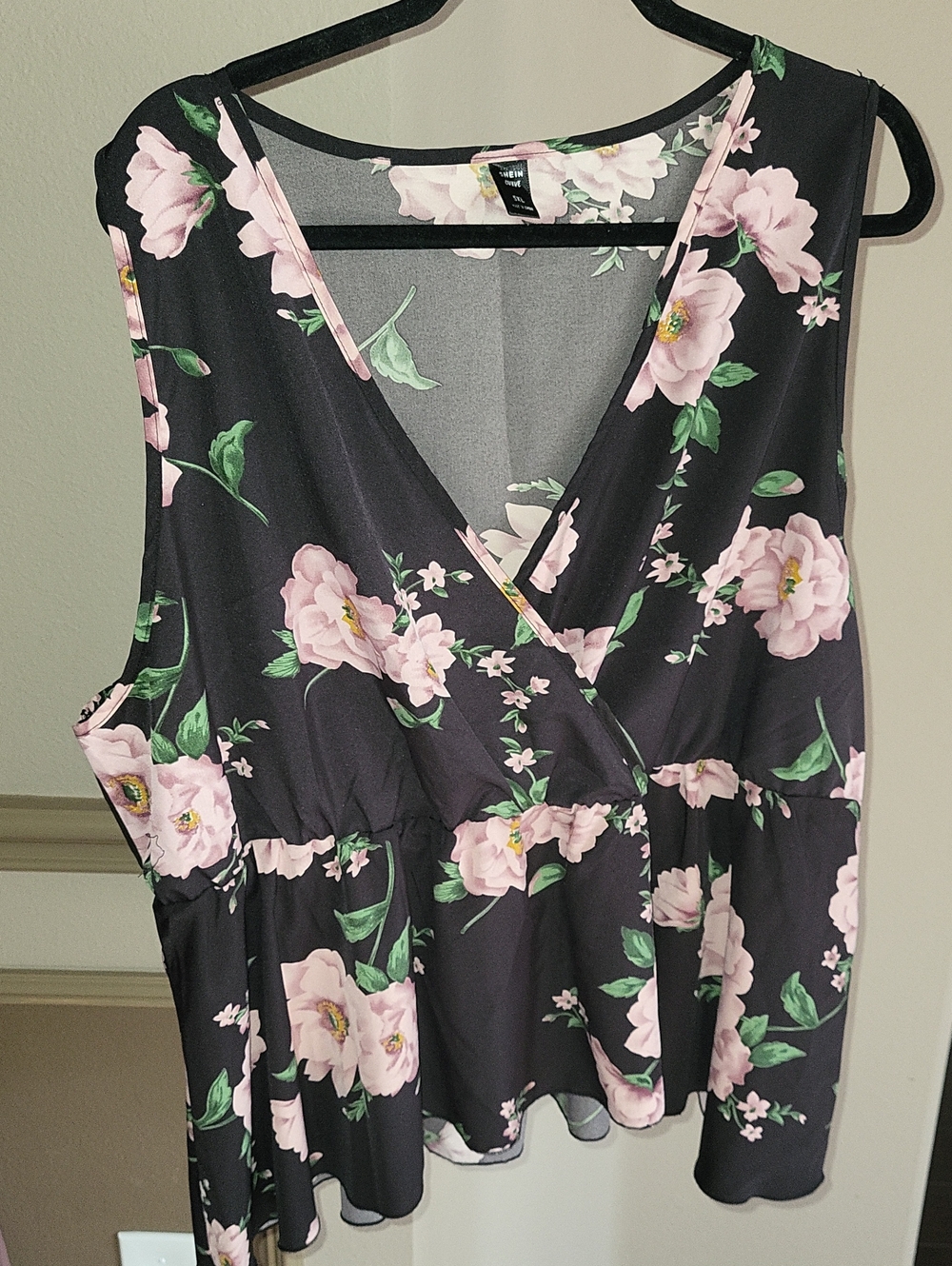 SHEIN Black Sleeveless Floral Wrap Peplum Camisole with Pink Blooms